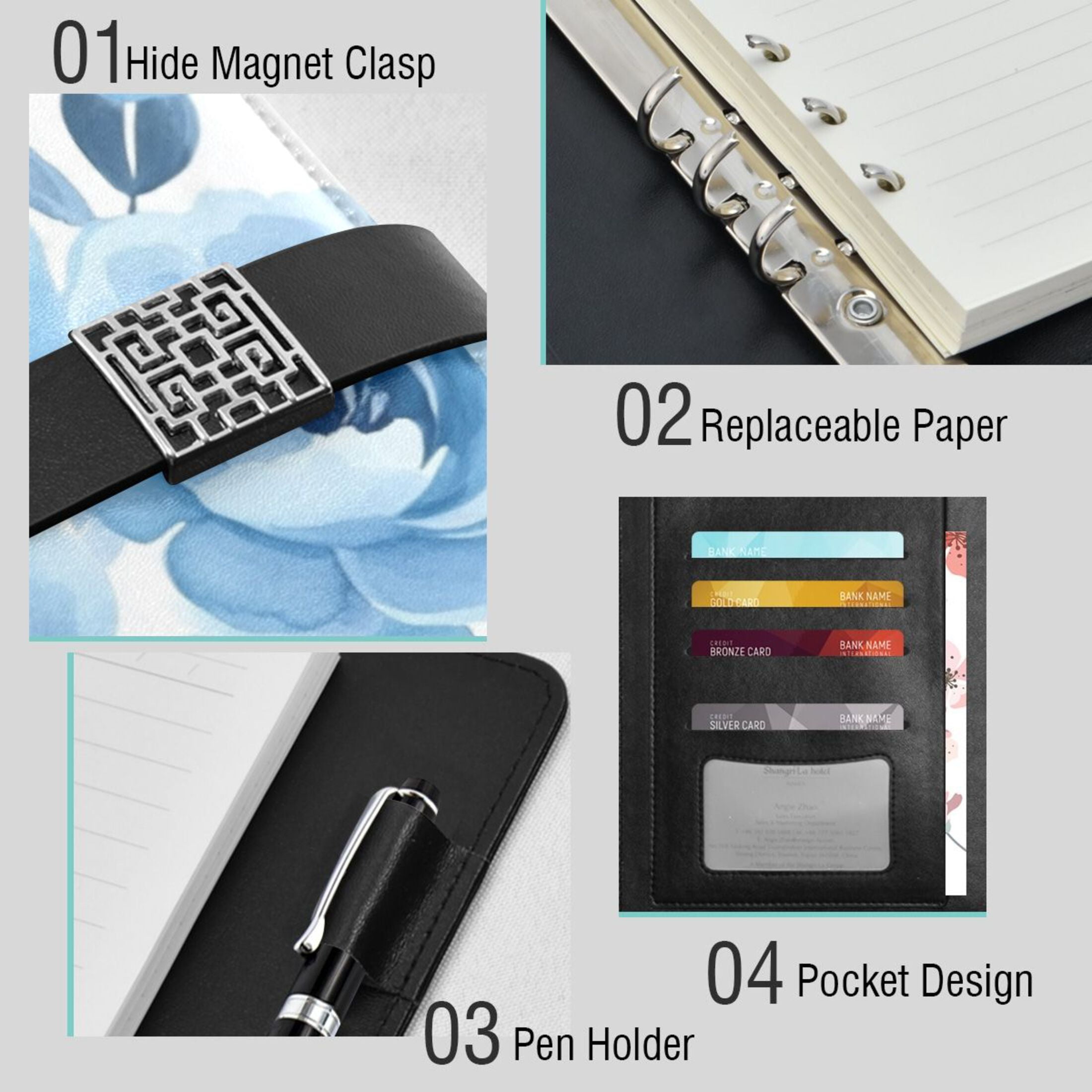Leather Planner Leather Notebook Notebook Journal Binder Design Pen Pocket Design Convenient for Storage Cartoon Blue Flower