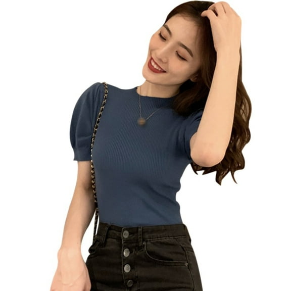 Ochine Knit Shirts Mock Turtle Neck Short Puff Sleeves Blouse Causal Sexy Fitted Blouse Fashion Vintage Summer Sweater Tee Shirt Club Party for Women, Average Size