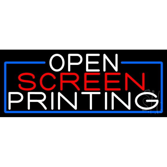 Open Screen Printing With Blue Border LED Neon Sign 10 x 24 - inches, Clear Edge Cut Acrylic Backing, with Dimmer - Bright and Premium built indoor LED Neon Sign for Computer & Electronics store.