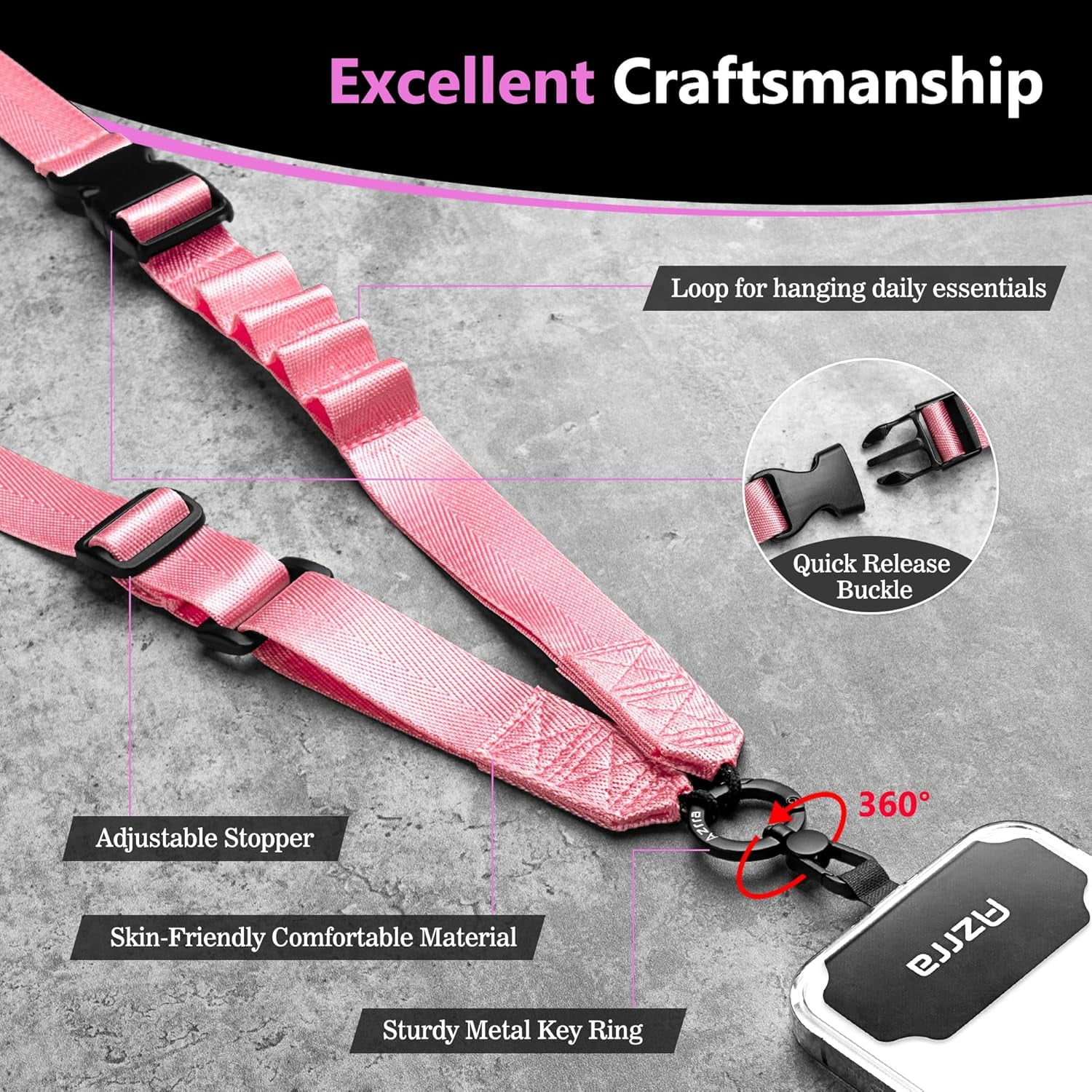 Adjustable Crossbody Cell Phone Lanyard for iPhone with Phone Tethers & Retractable ID Badge Card Holder (Pink)