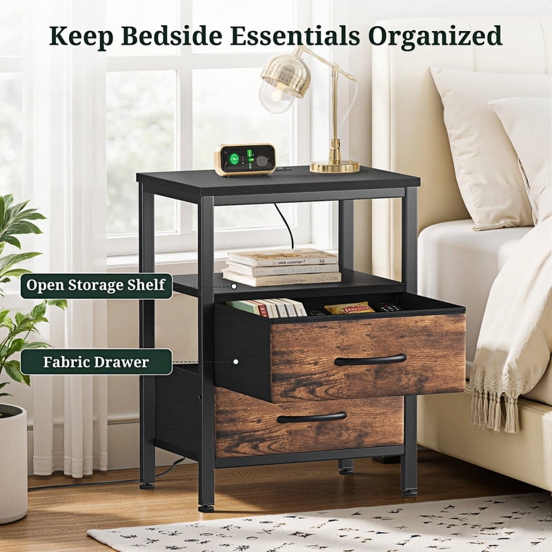 Kelno Nightstand with 2 Fabric Drawers Charging Station USB TypeC Outlets Small Bedside Table with Wood Top Open Storage Shelf, Black Brown