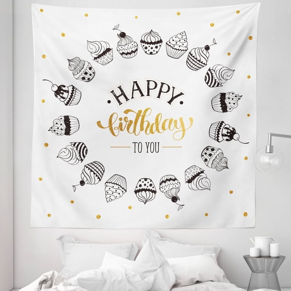Cupcake Tapestry, Happy Birthday to You Message with Circle Celebration Cake Design, Fabric Wall Hanging Decor for Bedroom Living Room Dorm, 5 Sizes, Earth Yellow White, by Ambesonne
