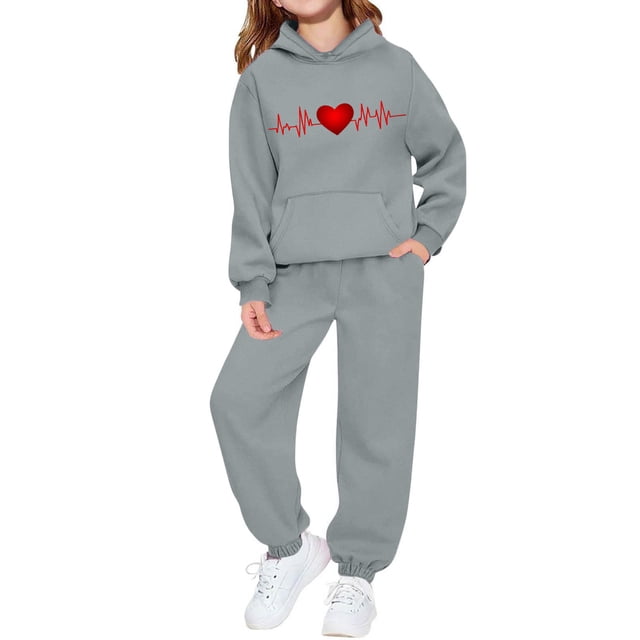 Conjunto de sudadera con capucha de manga larga para niños con estampado en forma de corazón y pantalones deportivos con lazo en las piernas, conjunto deportivo informal de dos piezas para niños, poli