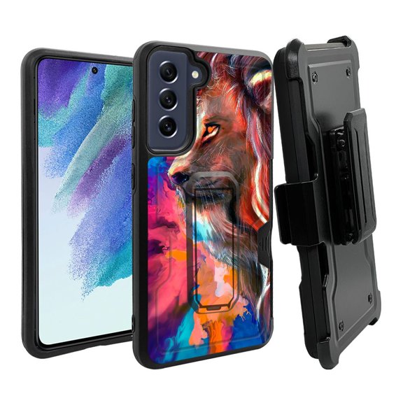 ANJ  Rugged Dual Layer Hybrid Holster Kickstand Case w/ Card Slot   Tempered Glass Cover for Samsung Galaxy S21 FE 5G - Abstract Lion