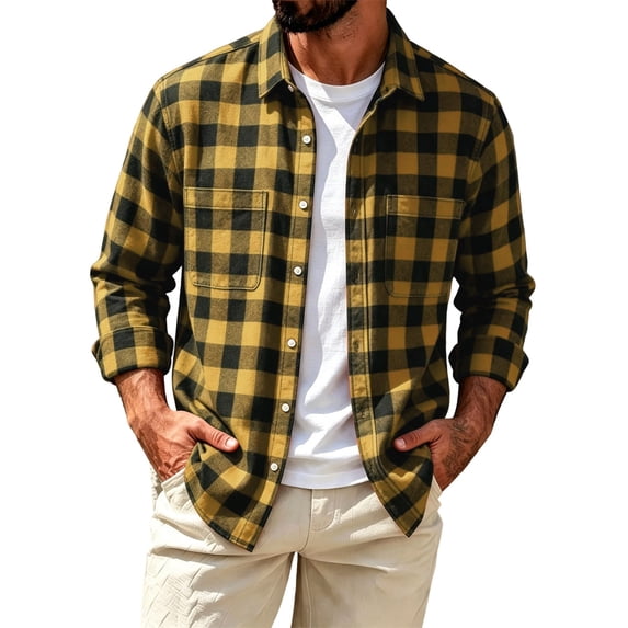 Mens Plaid Button Down Dress Shirt Regular Fit Long Sleeve Shirts Casual Checkered Two Pockets Work Tops Fall Clothes(Yellow,M)