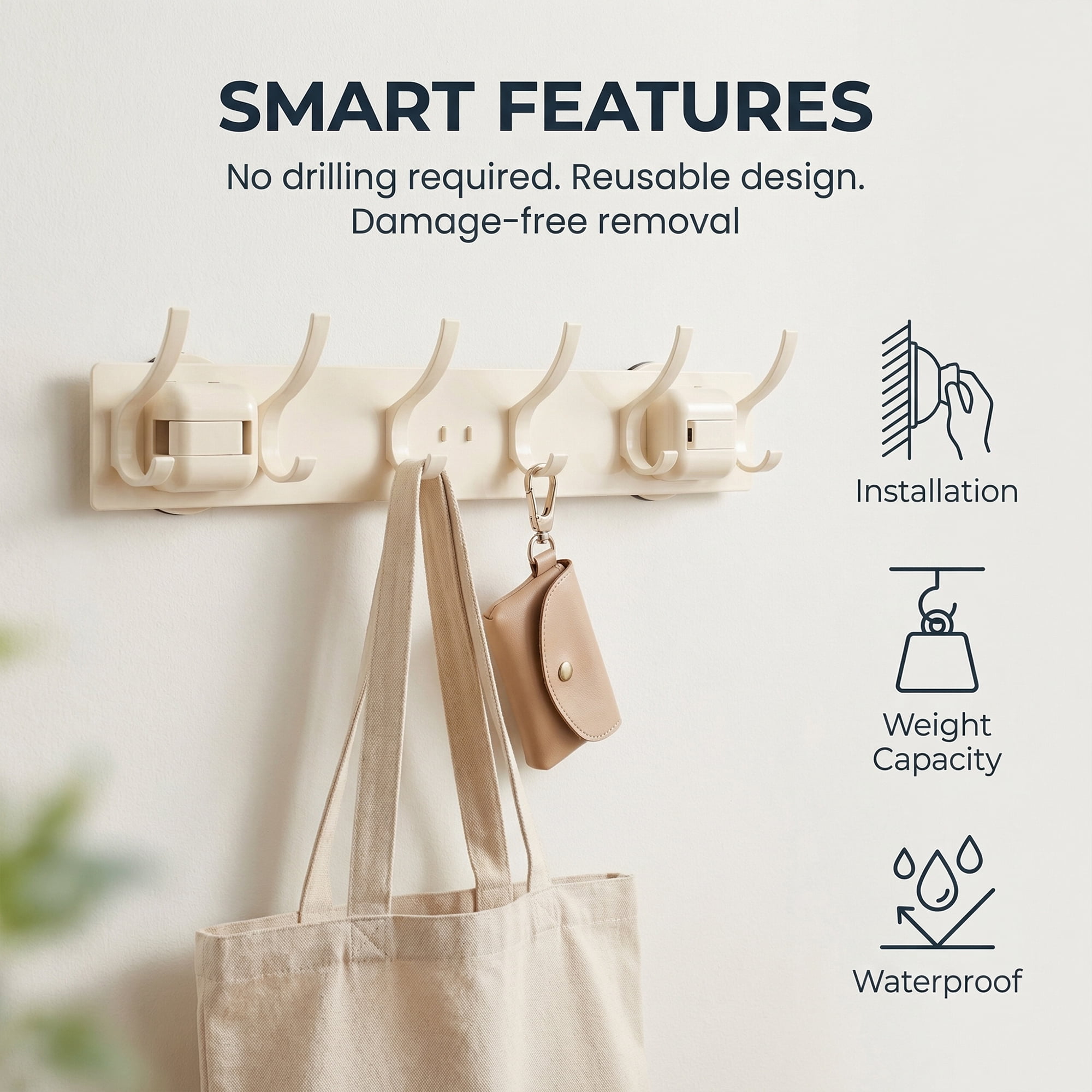 Unique Bargains Coat Rack Wall Mount Metal Suction Round 6 Hooks Rack White 16.1"x2.4"