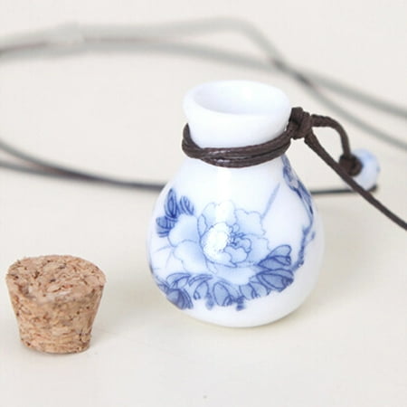 Flower Perfume Bottle - Ceramic Lucky Wishing Perfume Oil Bottle Necklace Blue Flower Design WBN-002