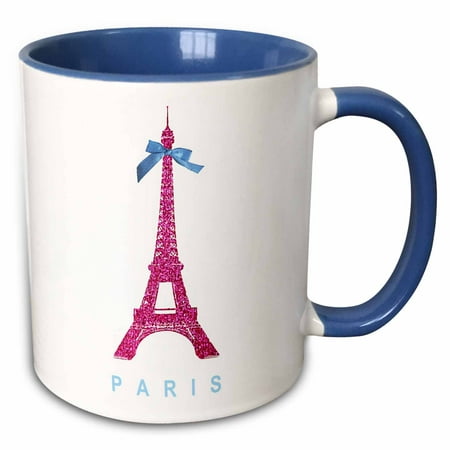 3dRose Hot Pink Eiffel Tower from Paris with girly blue ribbon bow - White stylish Parisian France souvenir - Two Tone Blue Mug,