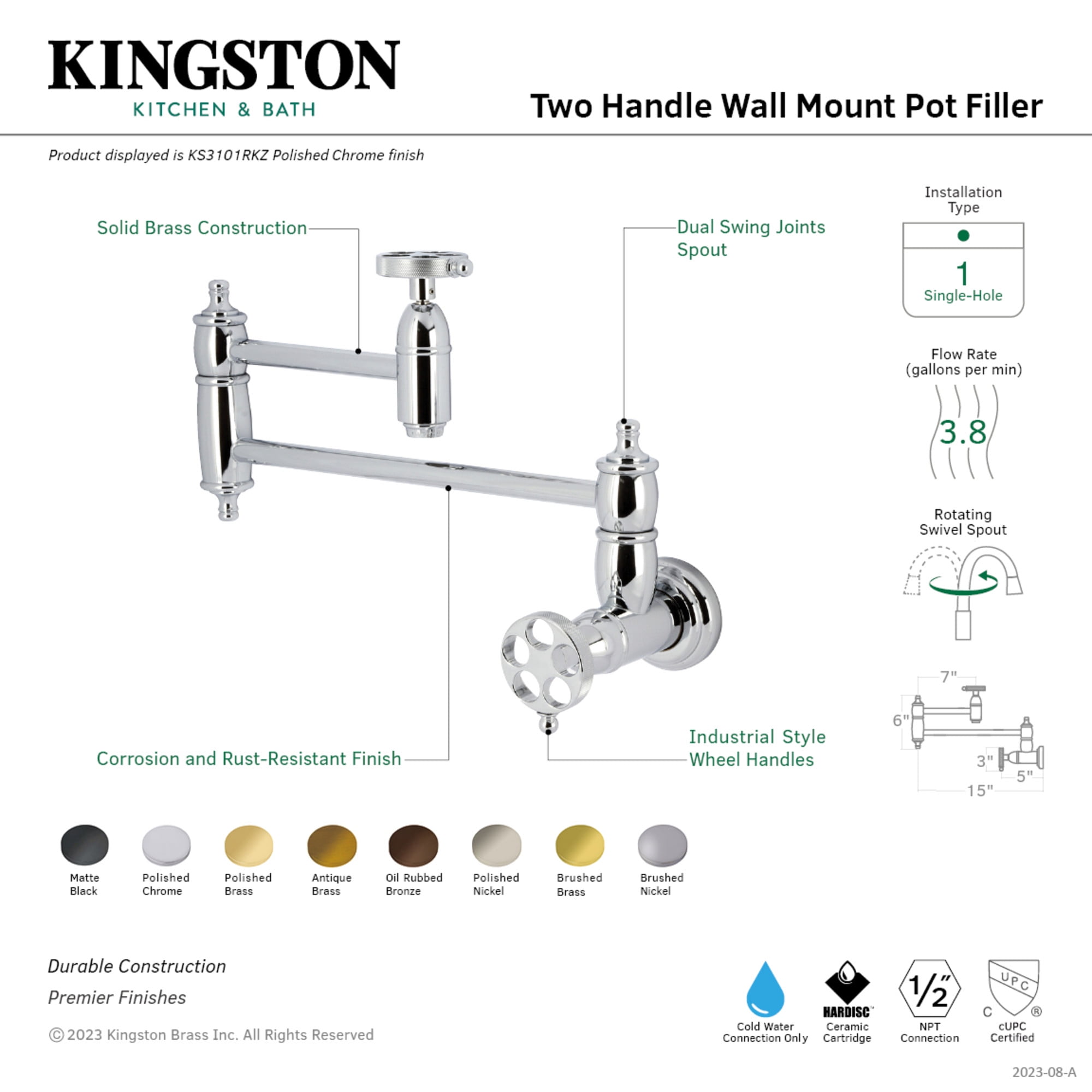 Kingston Brass KS3101RKZ Wendell Wall Mount Pot Filler Faucet with Knurled Handle, Polished Chrome