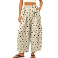 thumbnail image 2 of acuever Women Summer Boho Cotton Linen Polka Dot Pants Beach Elastic Waist Palazzo Wide Leg Barrel Pants Casual Lounge Trousers with Pockets, 2 of 6