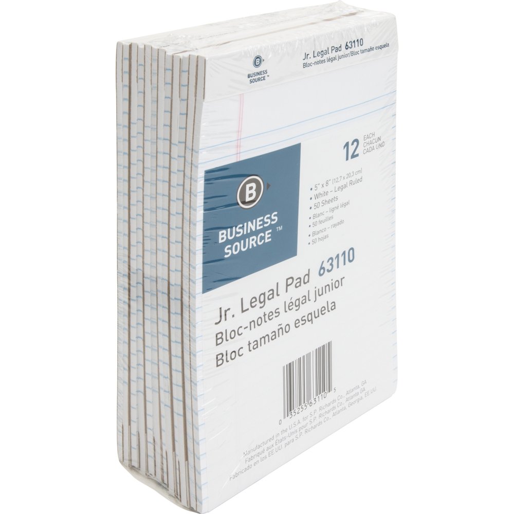 Business Source Legal Pads Jr. Legal Ruled 50 Sht 5"x8" 12Pack WE 63110