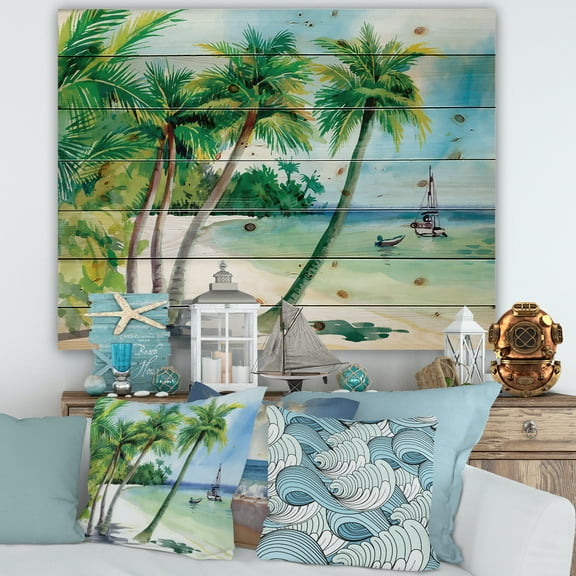 Designart 'Palm Trees With Summer Beach' Nautical & Coastal Print on Natural Pine Wood