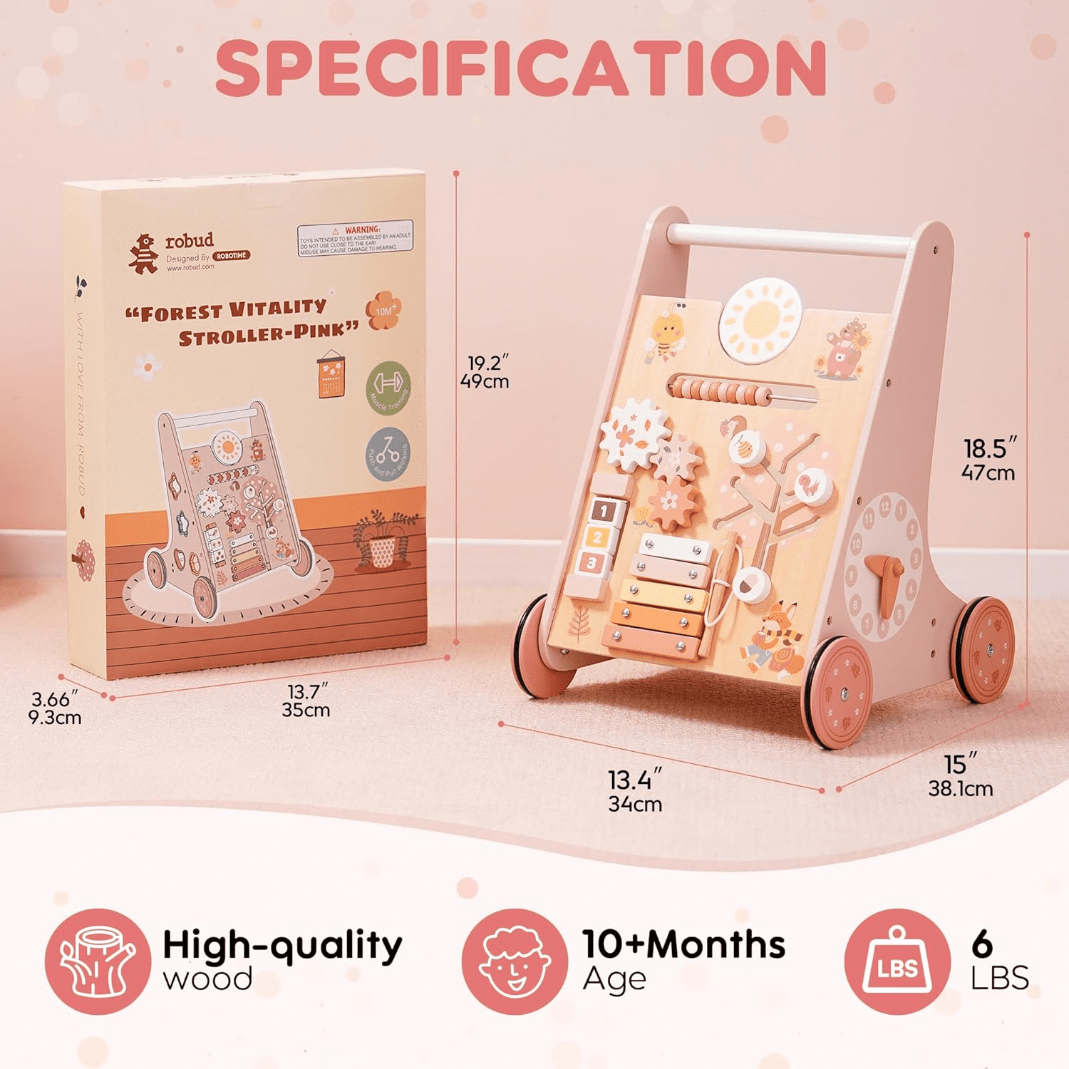 Robud Wooden Baby Walker, with Wheels, Montessori Push Toys for Babies Learning to Walk, Baby Walkers Activity Center for Boys and Girls,Pink