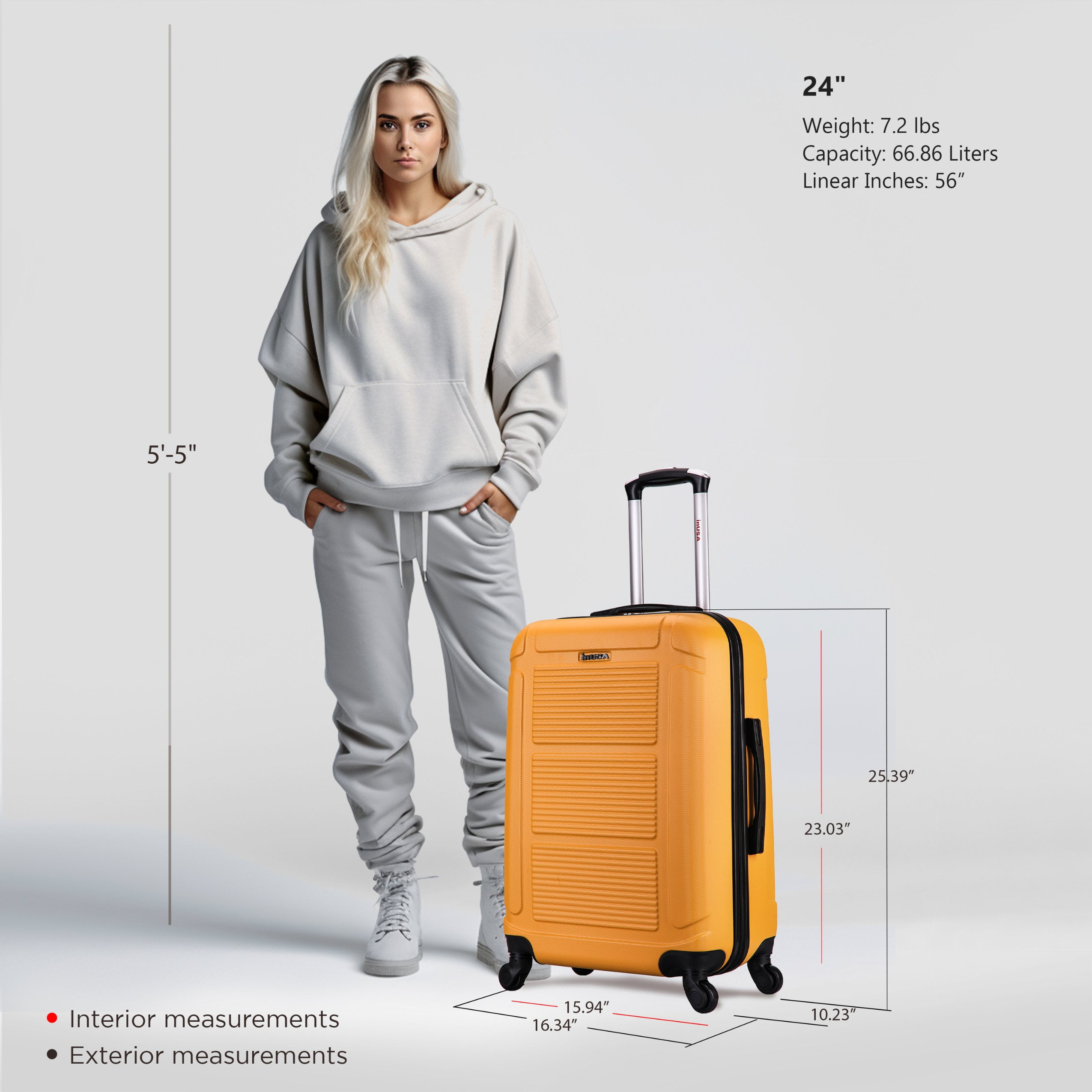 InUSA Pilot 24" Hardside Lightweight Luggage with Spinner Wheels, Handle, and Trolley, Mustard