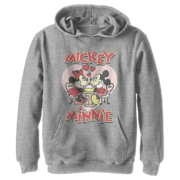 Boy's Mickey & Friends Mickey and Minnie Share a Sundae Pull Over Hoodie Athletic Heather Small