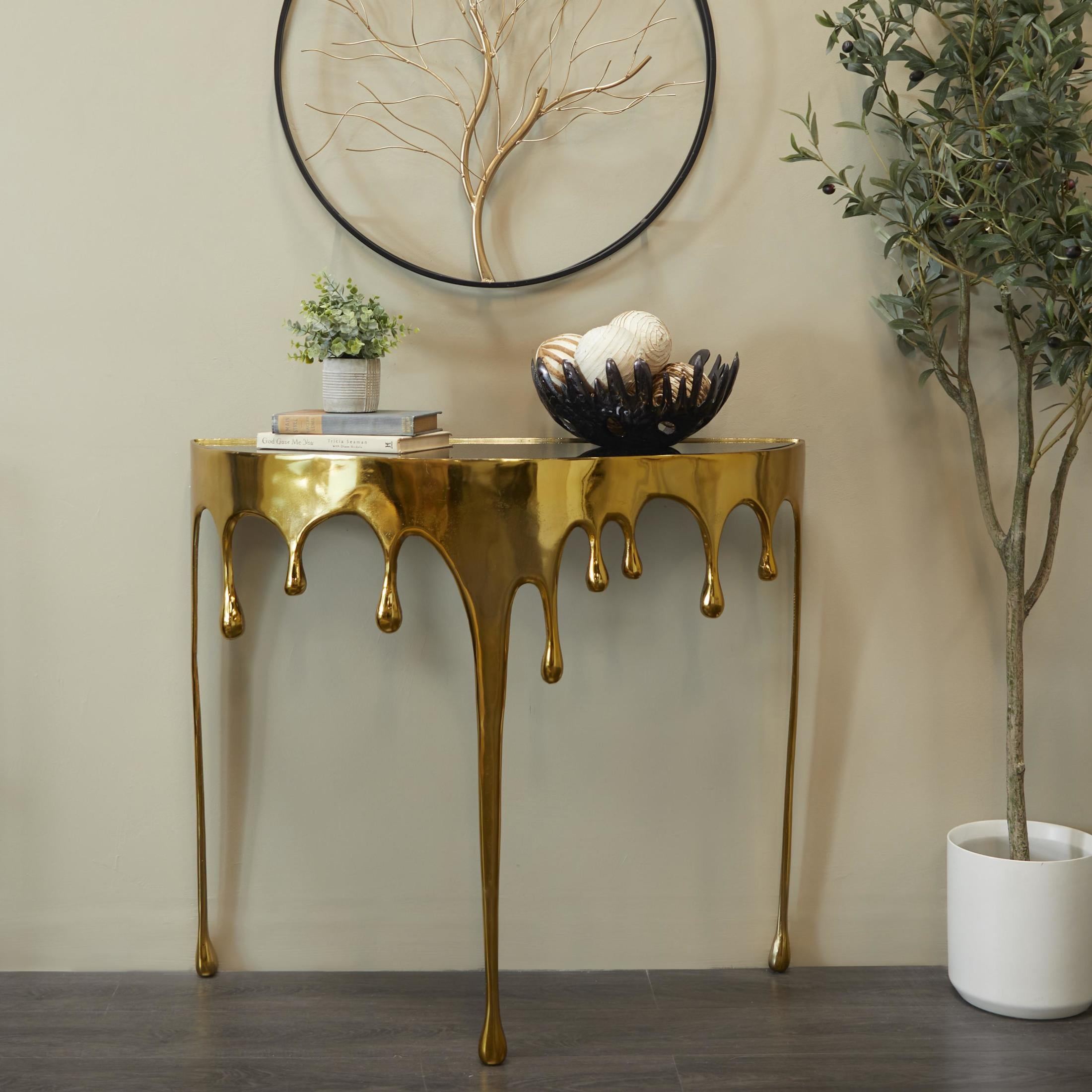 DecMode 36" x 32" Gold Aluminum Metal Half Moon Drip Abstract Console Table with Melting Designed Legs and Black Glass Top, 1-Piece