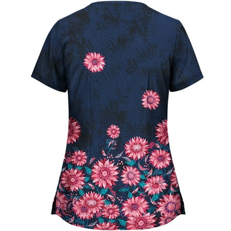 

COFEST Women s Slim Fit Scrubs With Pockets Clearance Trendy Floral Printed Tees Vintage Summer Short Sleeve Tops V Neck Shirts Beach Tunic Clothes 2023 Navy L