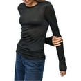 thumbnail image 3 of Womens Crew Neck Shirts Long Sleeve - Knit Pullover Sweaters Casual Sheer Blouse Tops Black L, 3 of 10