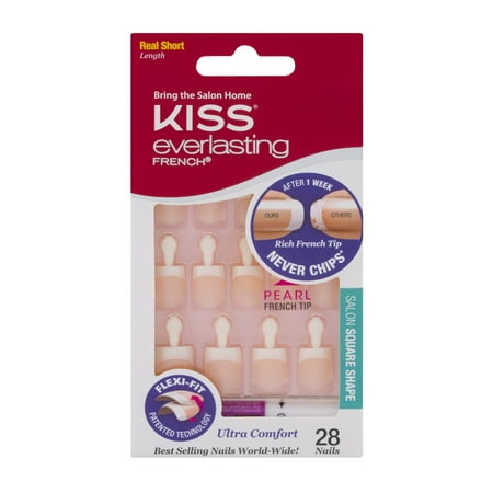 Kiss Everlasting French Nails Real Short Length Salon Square Shape Pearl French Tip - 28 CT