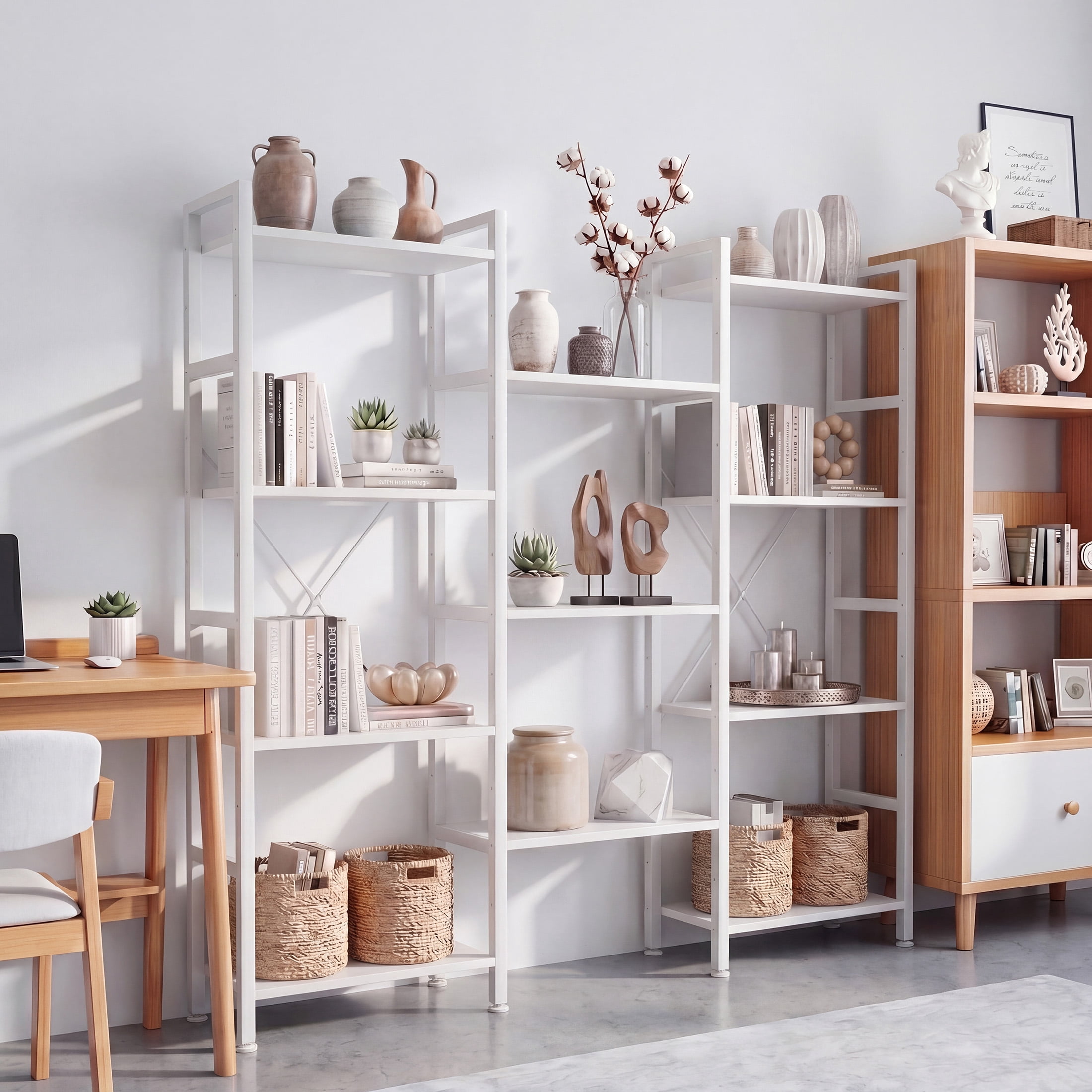 CONCETTA Triple 4-Tier Bookshelf with 11 Open Display Shelves, Adjustable Storage Bookcase for Home & Office, Sturdy Steel Frame and Wood Construction, Anti-Tip and Adjustable Feet, White