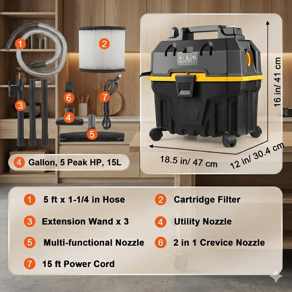 3 in 1portable 4 Gallon wet & dry Vacuum with 5 Peak HP and Blowing Feature