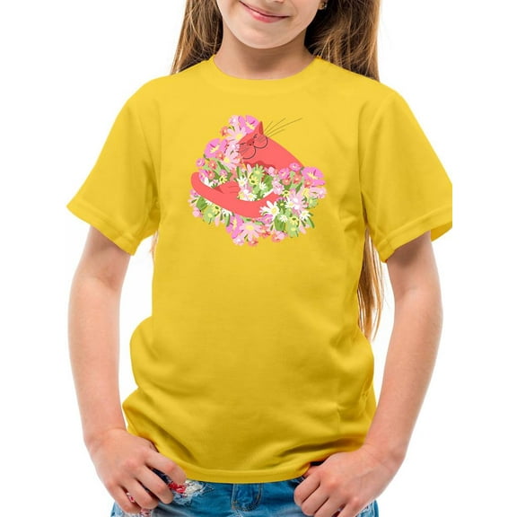 Cute Pink Cat W Flowers T-Shirt Juniors -Image by Shutterstock, Large