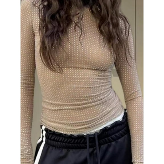Women's Round Neck Long Sleeve T-Shirt, Slim Fit Shiny Sheer Top, Ideal for Nightclubs and Layering