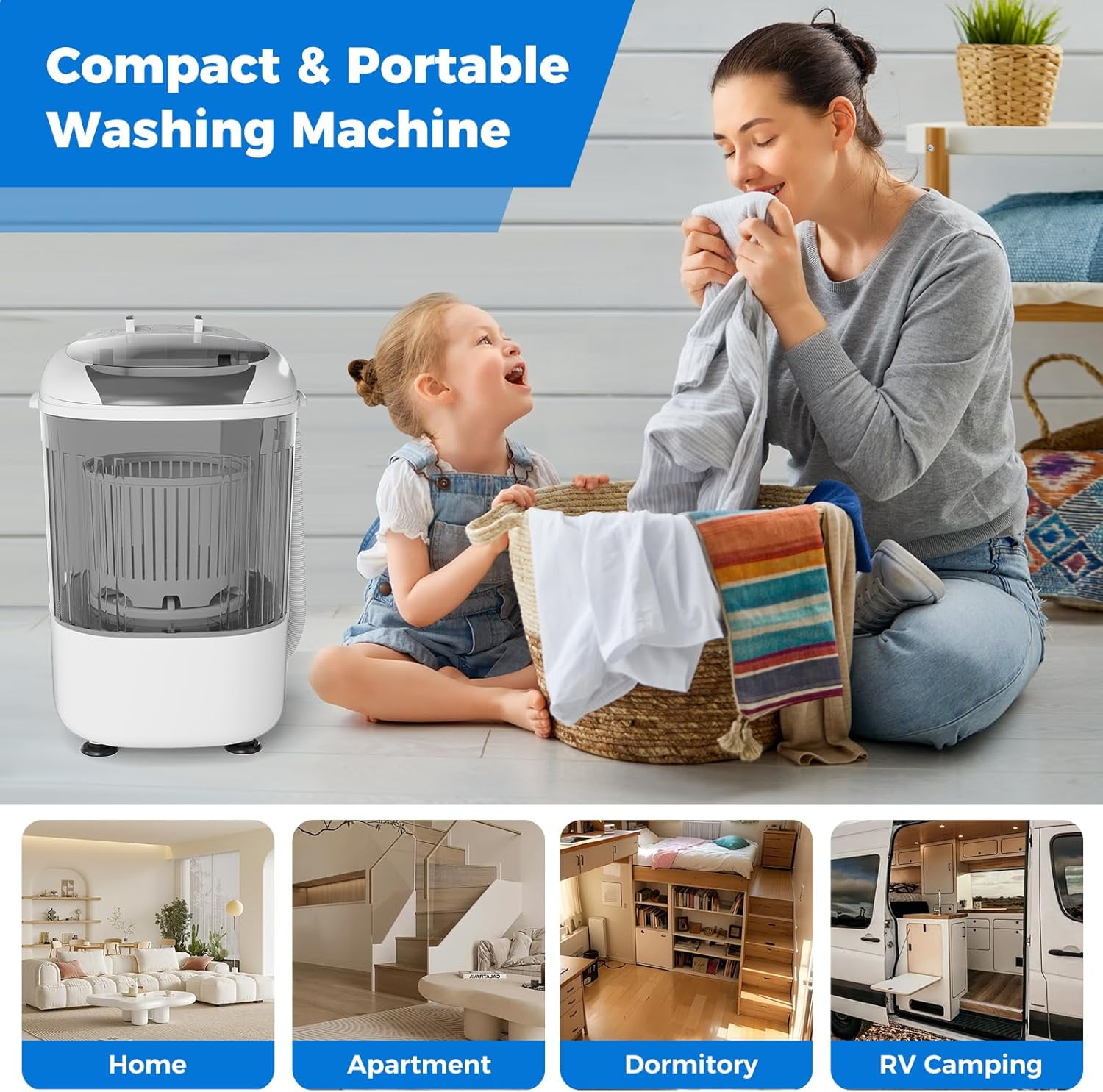 Mini Portable Washing Machine, 5.5 lbs Capacity, Compact Laundry Washer with Spin Tub & Drain Hose, Perfect for Apartment Dorms RV Home (Grey)