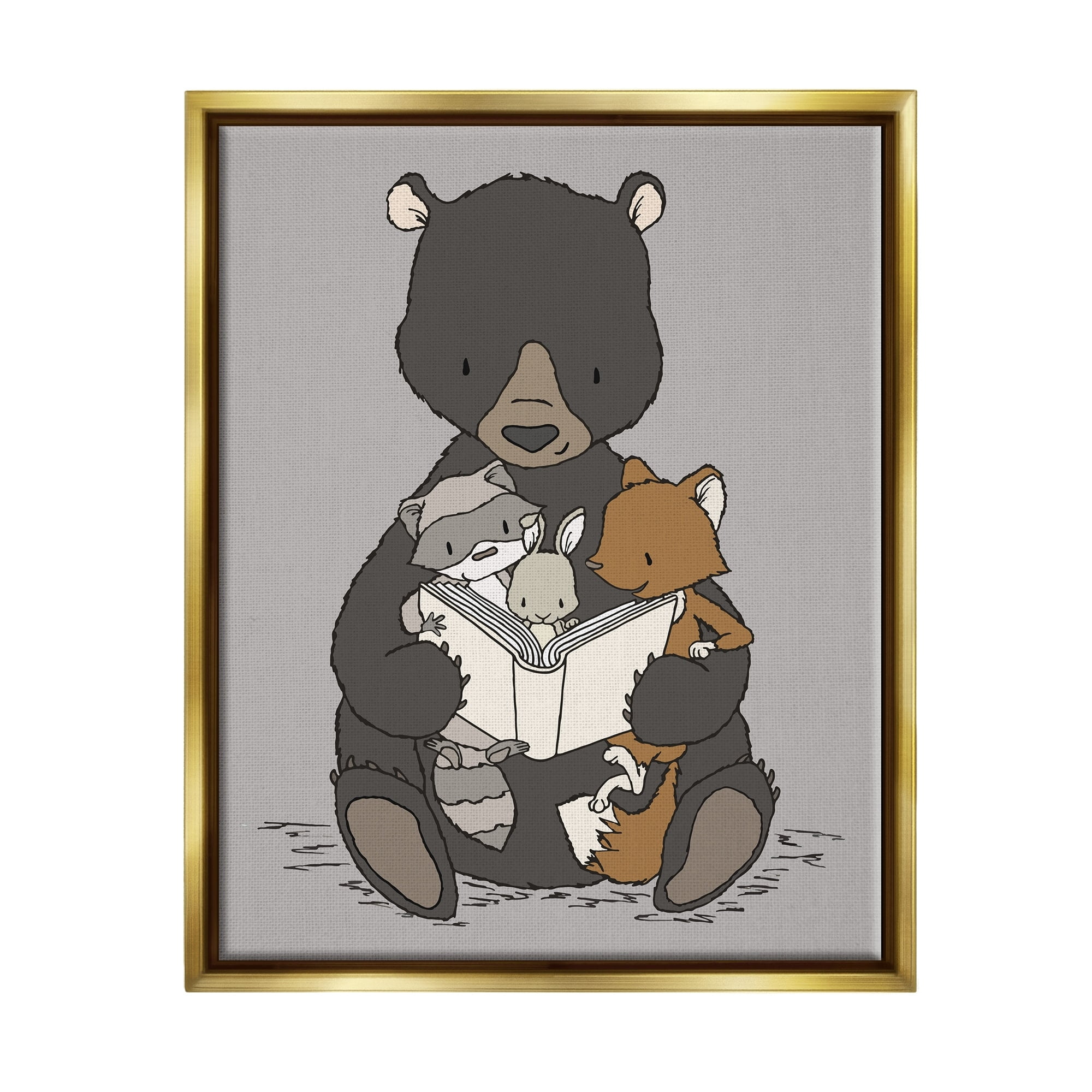Stupell Industries Woodland Animals Family Bear Reading Book to Babies Graphic Art Metallic Gold Floating Framed Canvas Print Wall Art, Design by Sweet Melody Designs