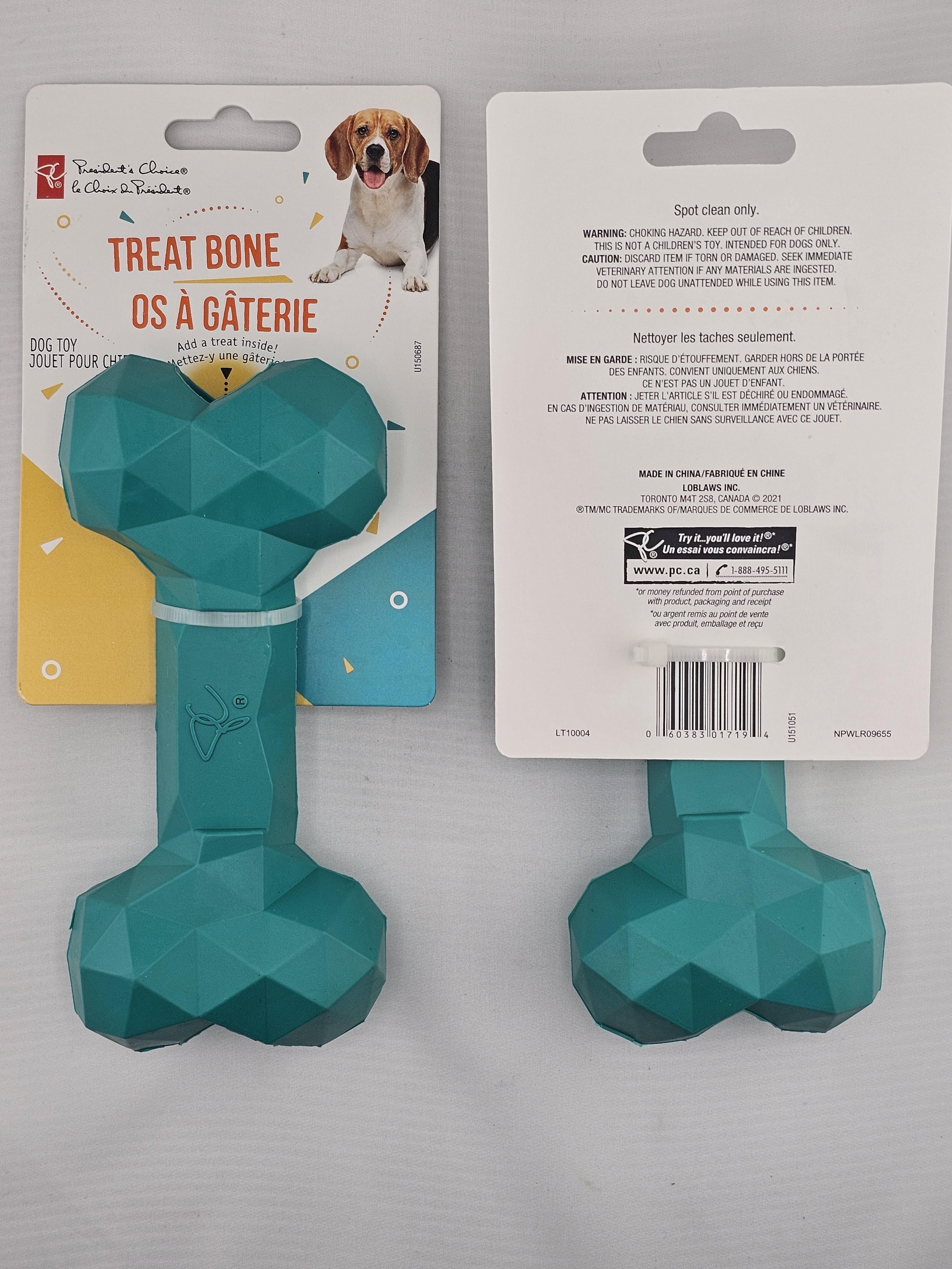 Pack President's Choice Green Treat Bone Dog Toy Add A Treat Inside ( 2pcs )