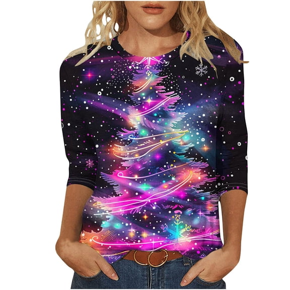 3/4 Length Sleeve Womens Christmas Tops Casual Loose Fit Crewneck T Shirts Cute Xmas Santa Claus Graphic Tees