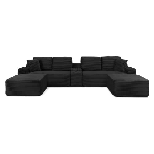 150" Oversized L-Shape Sectional Sofa with Deep Seat, Cup Holders & USB Ports, Corduroy Cloud Couch with Hidden Storage, Black