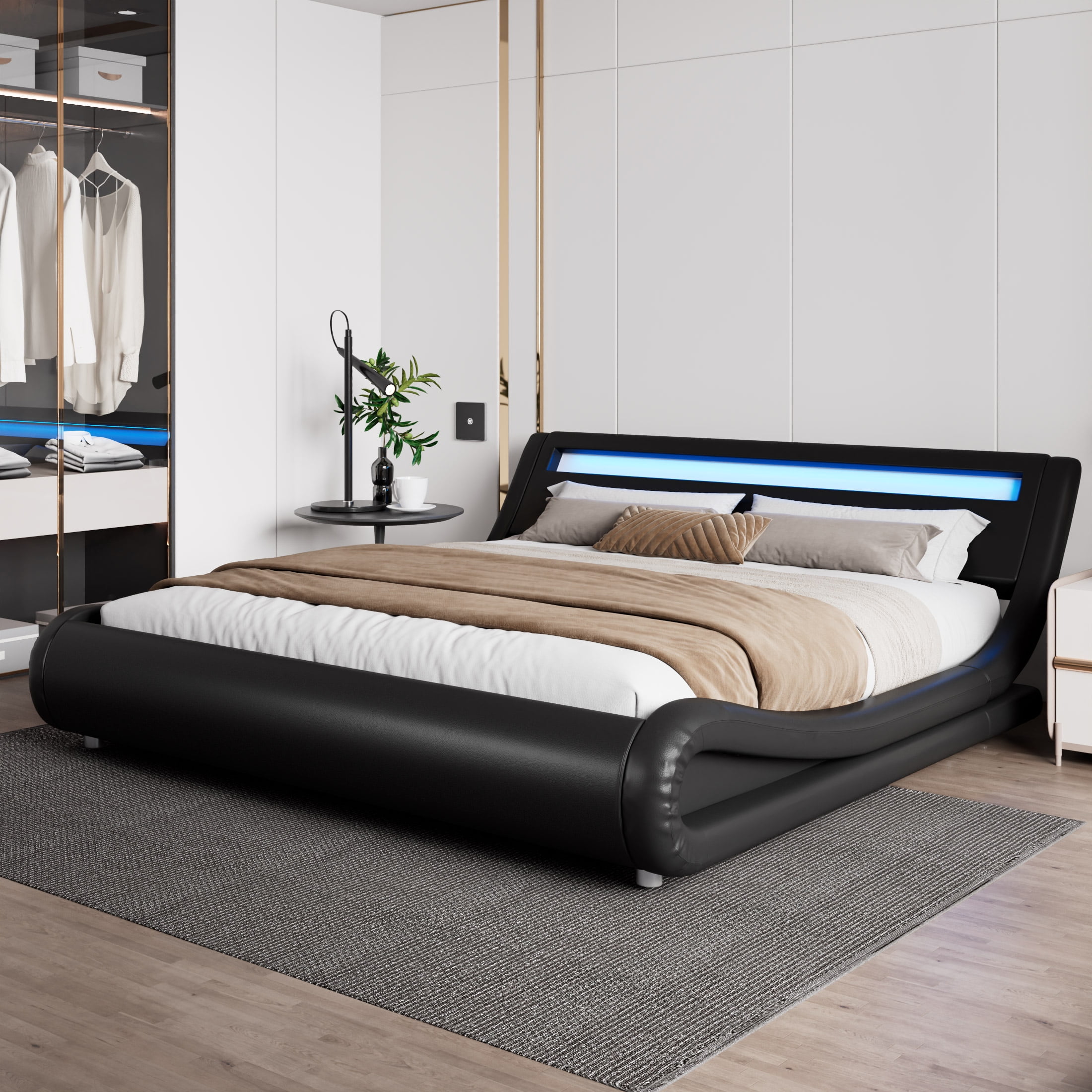 Amolife King Size Wave-Like Curve Deluxe Upholstered Modern Bed Frame with LED Headboard, Black