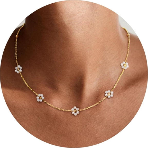 Turandoss 14K Gold Plated Pearl Daisy Pearl Choker Necklace for Women Dainty Charm Daisy Station for Teenage Teen Girl Easter Birthday Gifts Trendy Stuff for Women Teen Girl Gifts