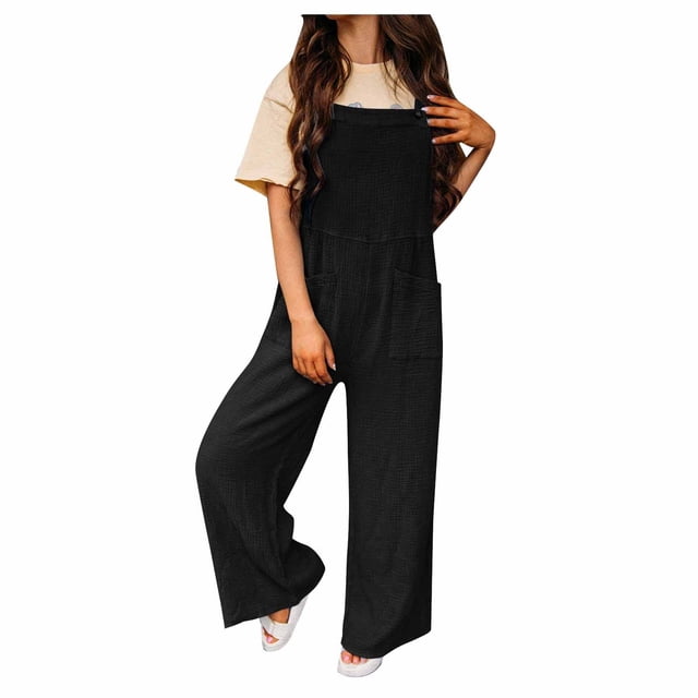 Yuyuzo Women Wide Leg Overalls Sleeveless Jumpsuits Loose Solid Suspender Comfy Baggy Button Rompers Playsuits with Pockets