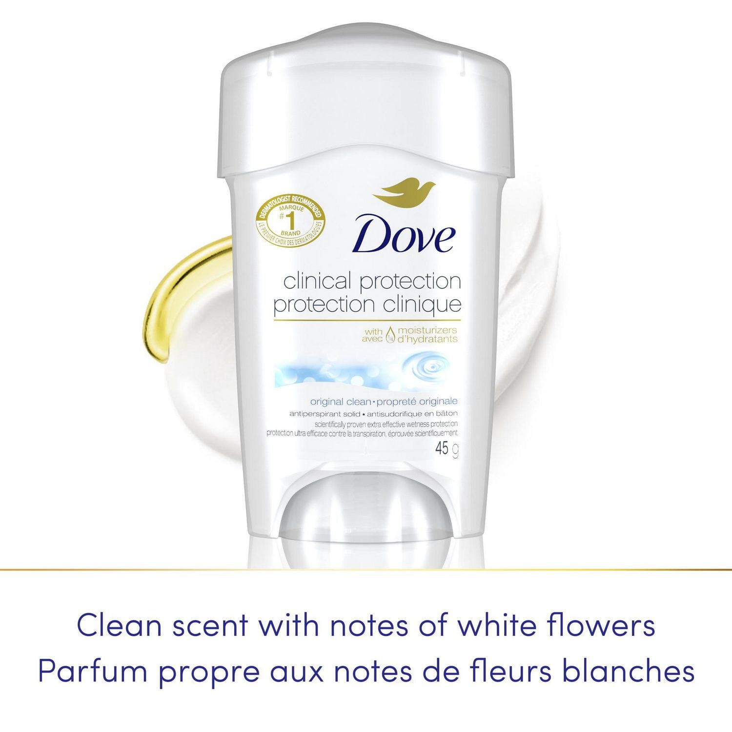 Dove Clinique Protection Antisudorifique pour Femmes Original Clean Enrichi avec 1/4 d'Hydratants 45 g