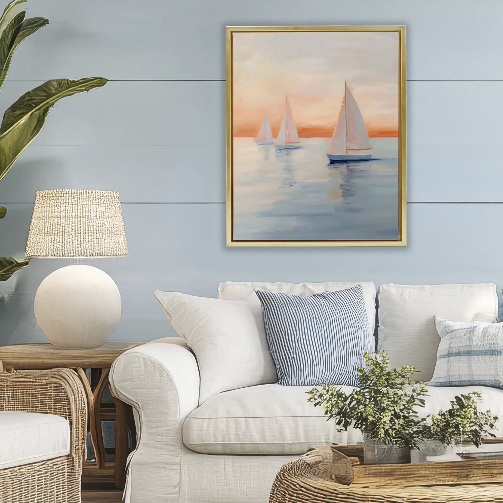 Stupell Industries Sunset Sailboats Over Calm Sea Gold Framed Floater Canvas Wall Art, design by Creative Studio