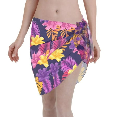 Qekee Purple Flower Women s Short Sarongs Cover Ups Sheer Bikini Wraps for Swimwear