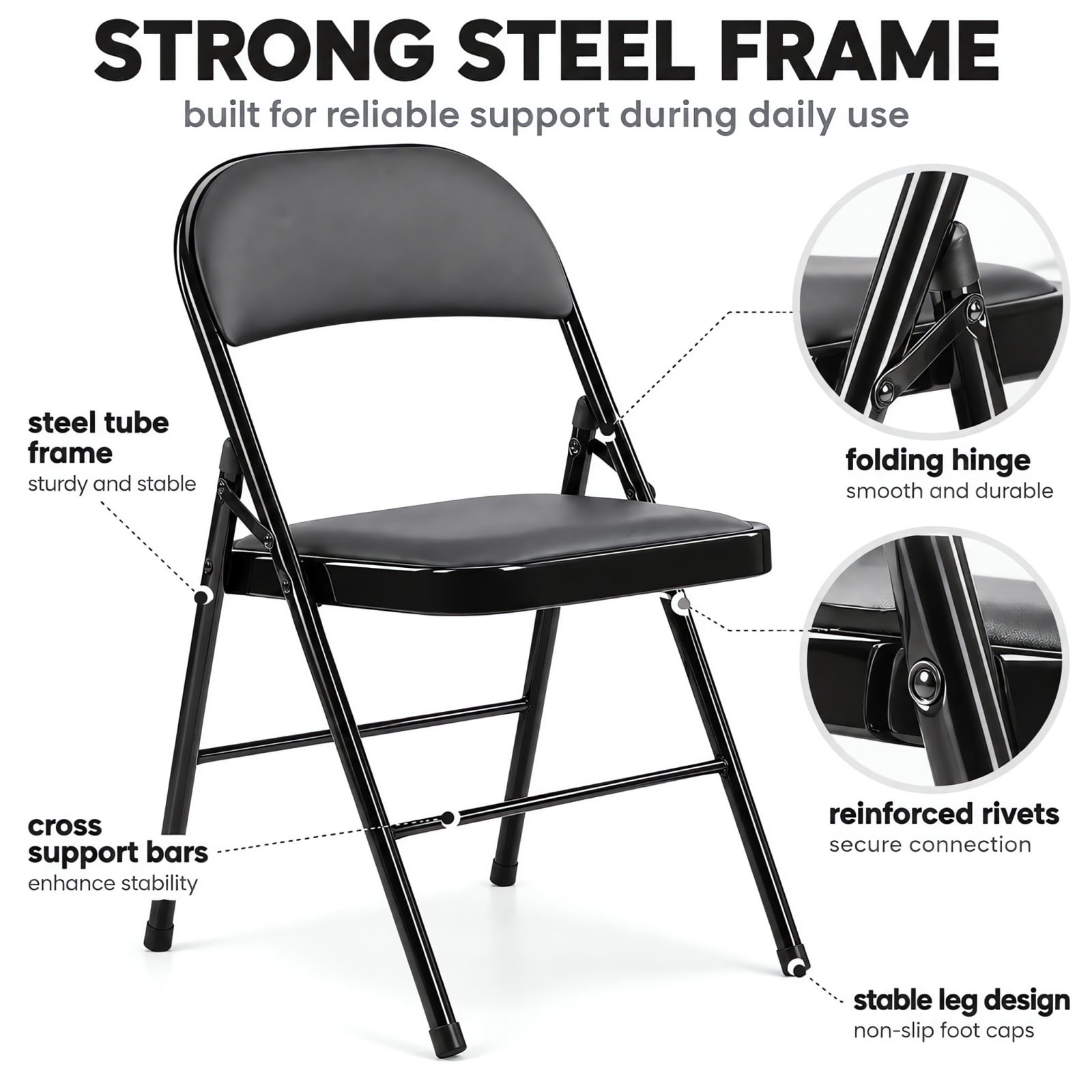 Telyra 4 Pack Folding Chairs Leather Padded Seat and Backrest Foldable Metal Chairs for Indoor Outdoor Use,Black