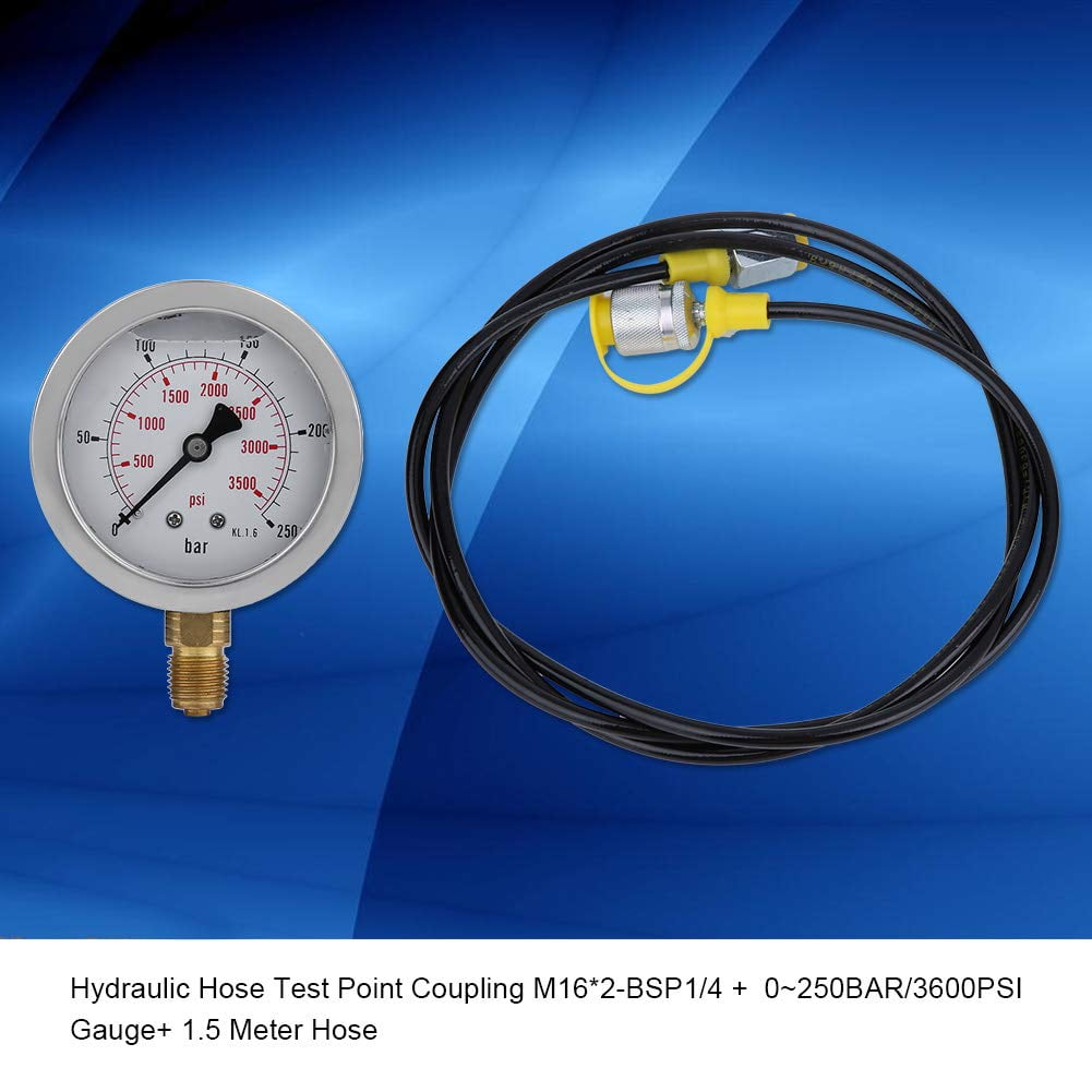 Hydraulic Hose with Gauge,Hydraulic Hose Test Point Coupling M162-BSP1/4 1.5 Meter Hose 0~250BAR/3600PSI Gauge 