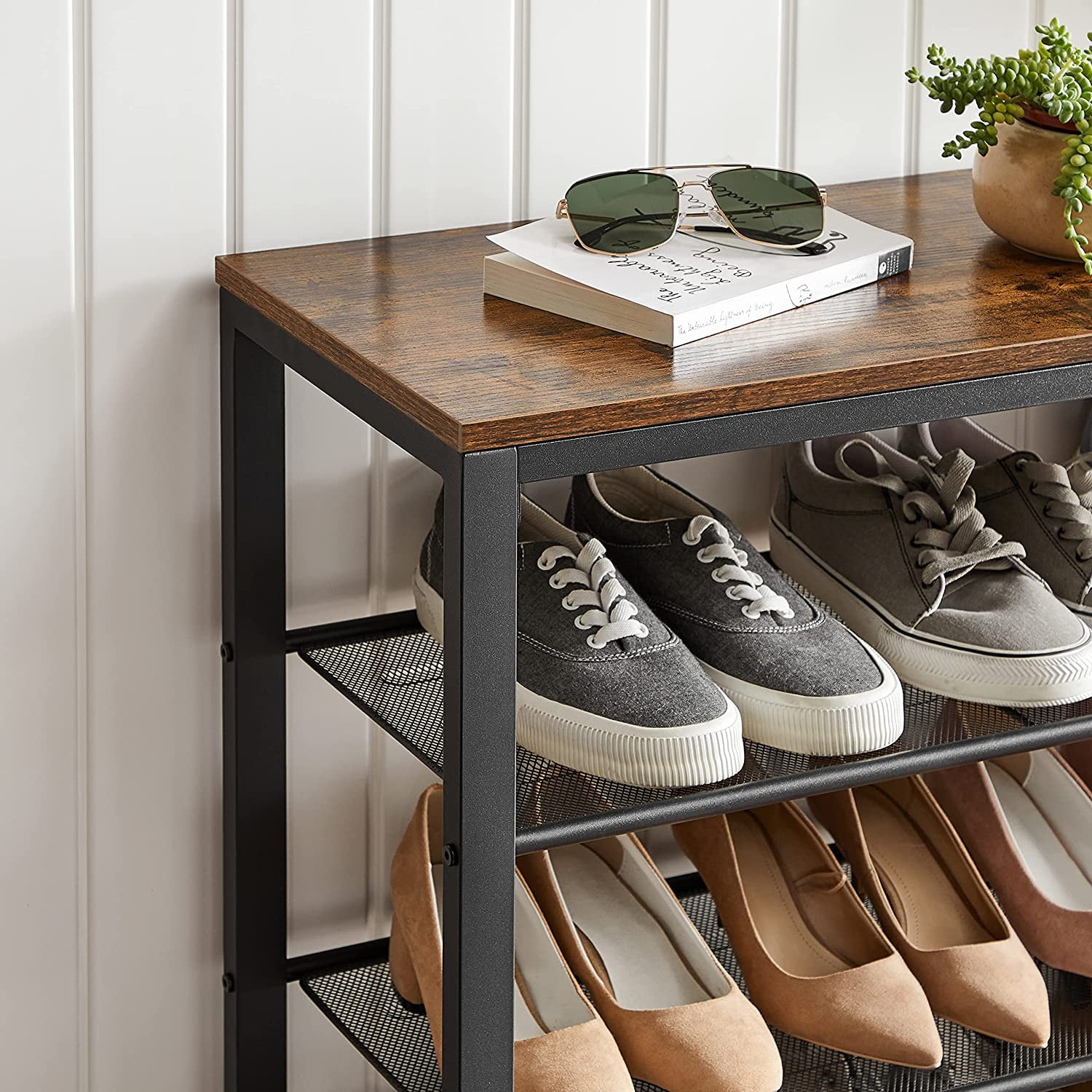 VASAGLE INDESTIC Shoe Rack Shoe Organizer with 3 Mesh Shelves 5 pairs of shoes Rustic Brown and Black