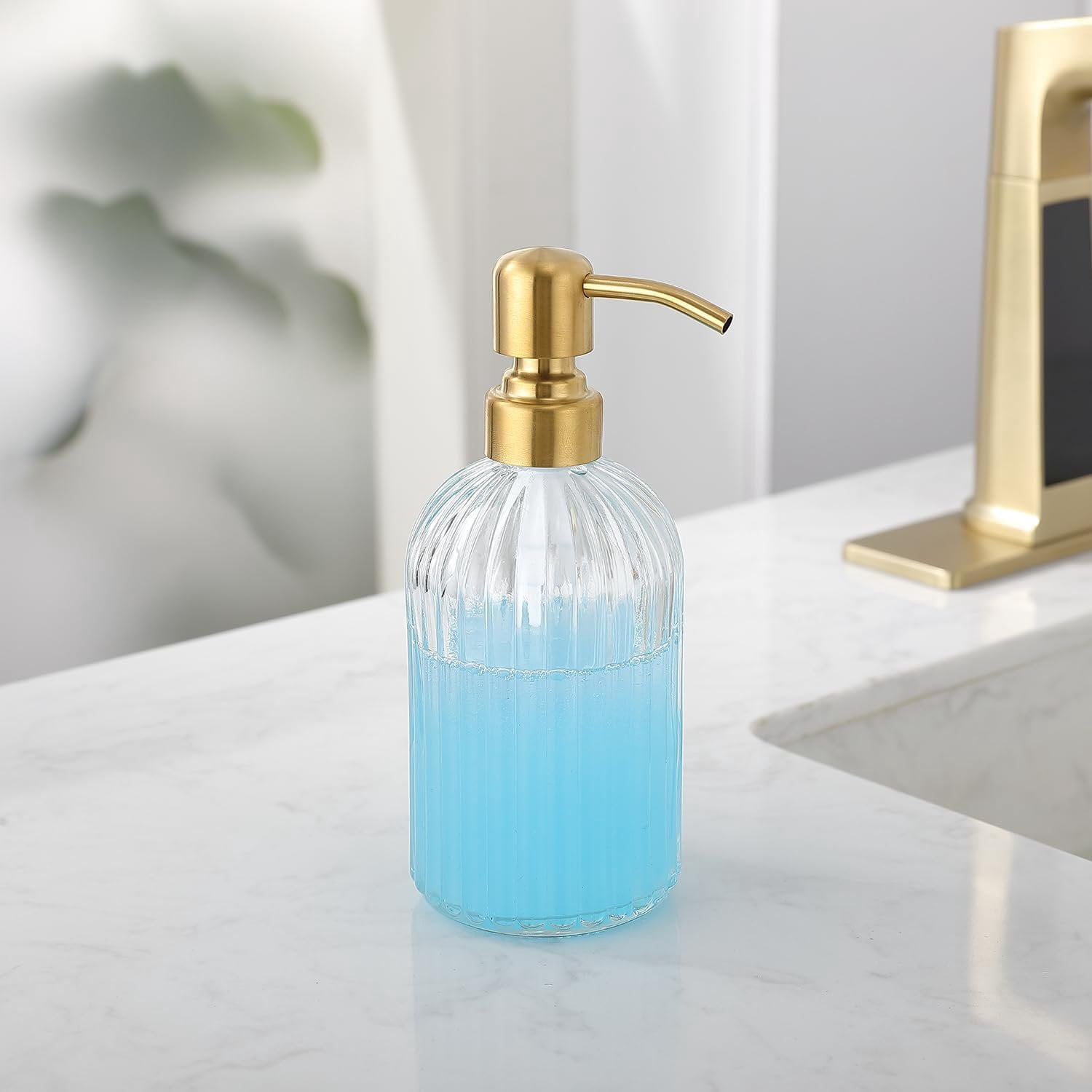 Refillable Glass Kitchen Soap Dispenser,16oz Bathroom Soap Dispenser with Vertical Strip,Golden 304 Stainless Steel Pump , Clear Thick Glass,for Modern  Decor, Countertop, Hotel