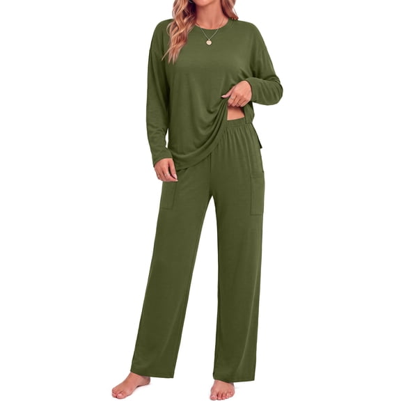 MOSHU 2 Piece Lounge Sets for Women Side Slit Pajamas Sets Loose Long Sleeve Tops and Wide Leg Pants Casual Outfits