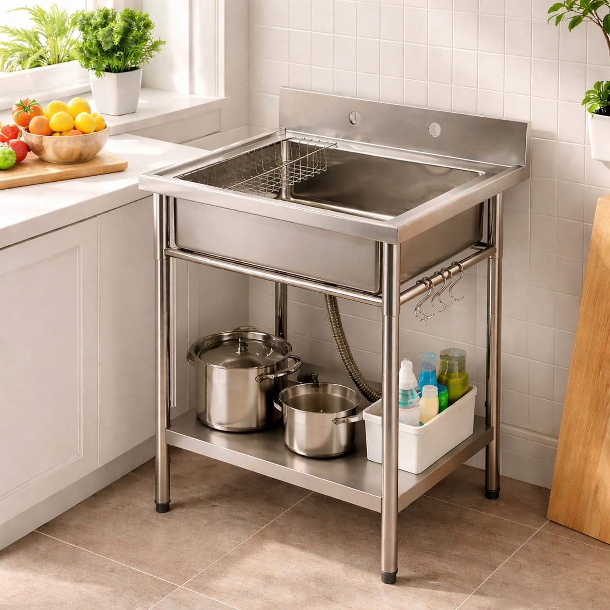 Kicctian Freestanding Stainless Steel Utility Sink,Adjustable Legs, Storage Shelf, Hooks and Backsplash, for Kitchen Garage Farm
