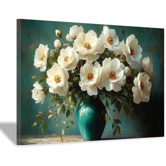 Mudket White Peony Flower Canvas Wall Art, Teal Vase Floral Wall Decor, Framed Vintage Botanical Artwork for Living Room Bedroom Kitchen, Ready to Hang Farmhouse Floral Print - 12"L x 8"W