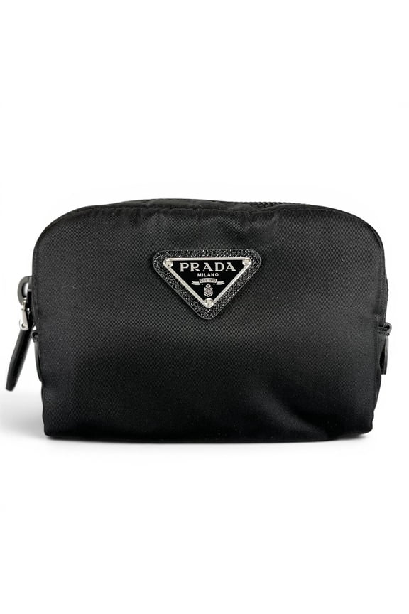 Pre-Owned PRADA Re-Nylon Triangle Logo Cosmetic Pouch, Nylon Black, Made in Italy, Women's,...