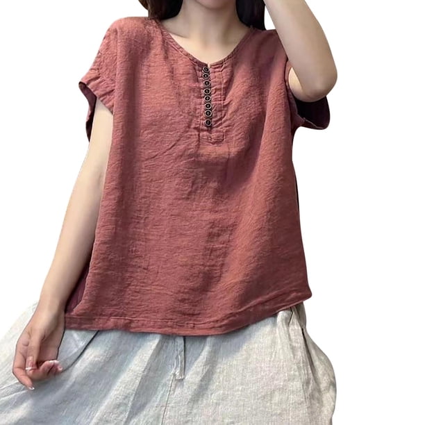 V Cuello Blusas para las Mujeres, de Moda Retro Bordado Cuello Redondo Cinco Cuartos de Manga para el Uso Casual
