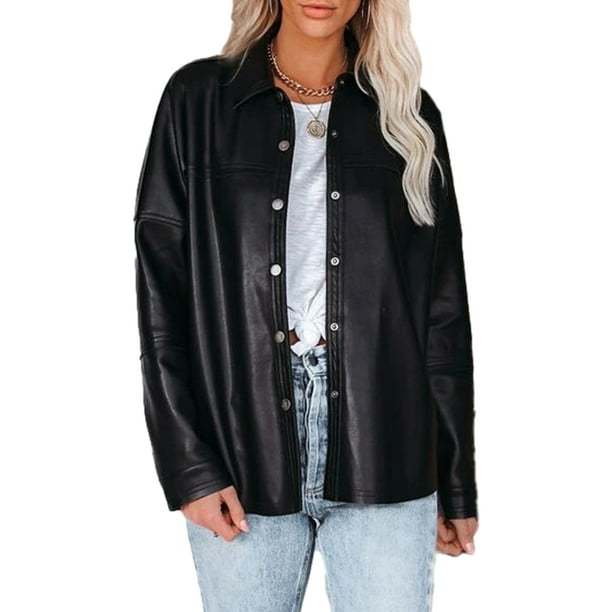 Chaqueta tipo camisa de cuero sintético para mujer, abrigo largo con botones, ropa de calle de otoño Kuymtek Negro T M para Mujer