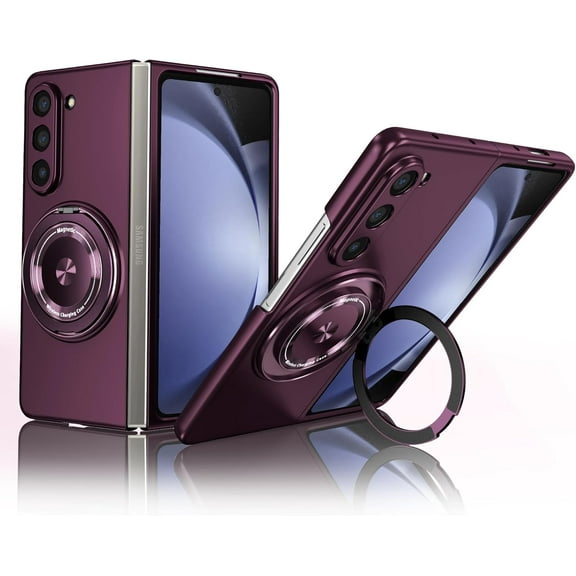 Magnetic for Galaxy Z Fold 5 case with Stand, Slim Protective Ring Holder Military Shockproof Cover for Galaxy Z Fold 5 5G Wine Red 24-zfold5-06
