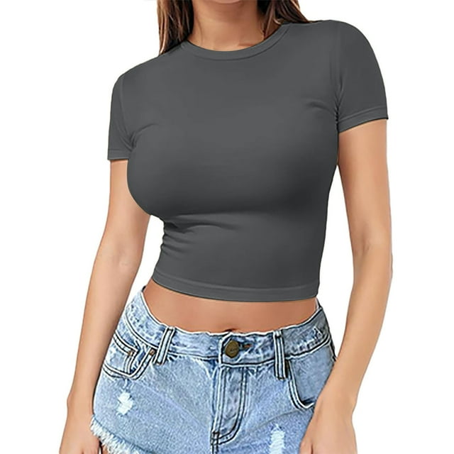T-Shirt à Manches Courtes pour Femmes en Liquidation, Chemises Mélangeuses pour Femmes, T-Shirt Court pour Femmes, Chandail d'Été pour Filles, Haut à Col Rond Fin pour Femmes, Manches Courtes à la Mode